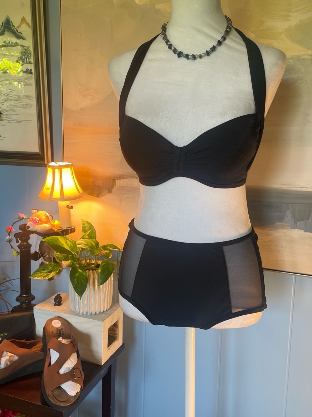Black Halter High-Waist Bikini with Sheer Side Panels